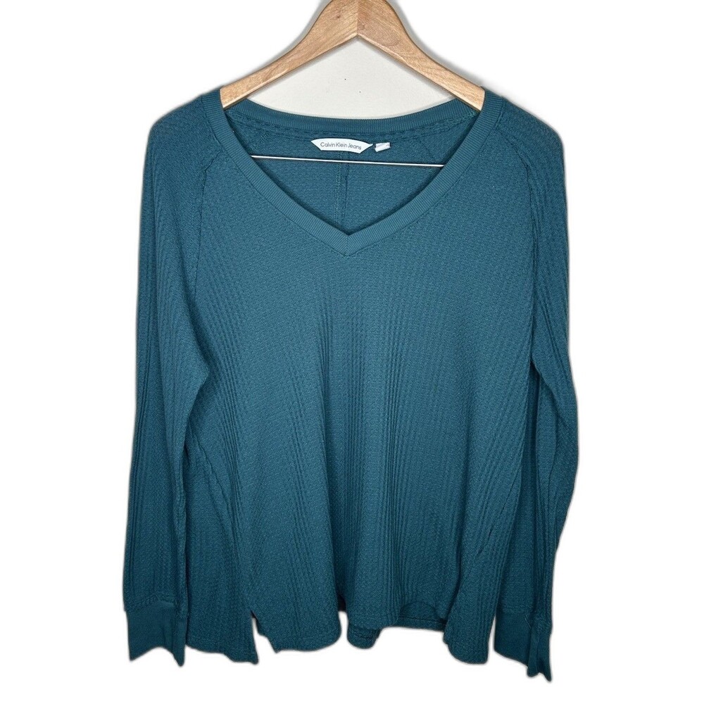 Calvin Klein Womens Size Large V-Neck Long Sleeve Waffle Knit Thermal Teal Top